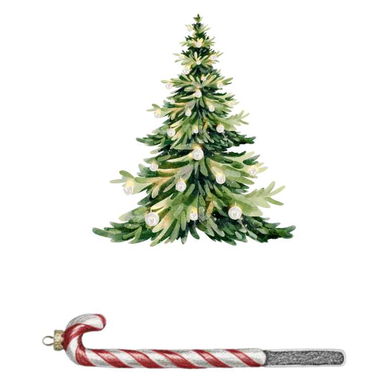 Zwei festliche Tassen auf einer grünen Weihnachtsdeko, umgeben von Beeren.