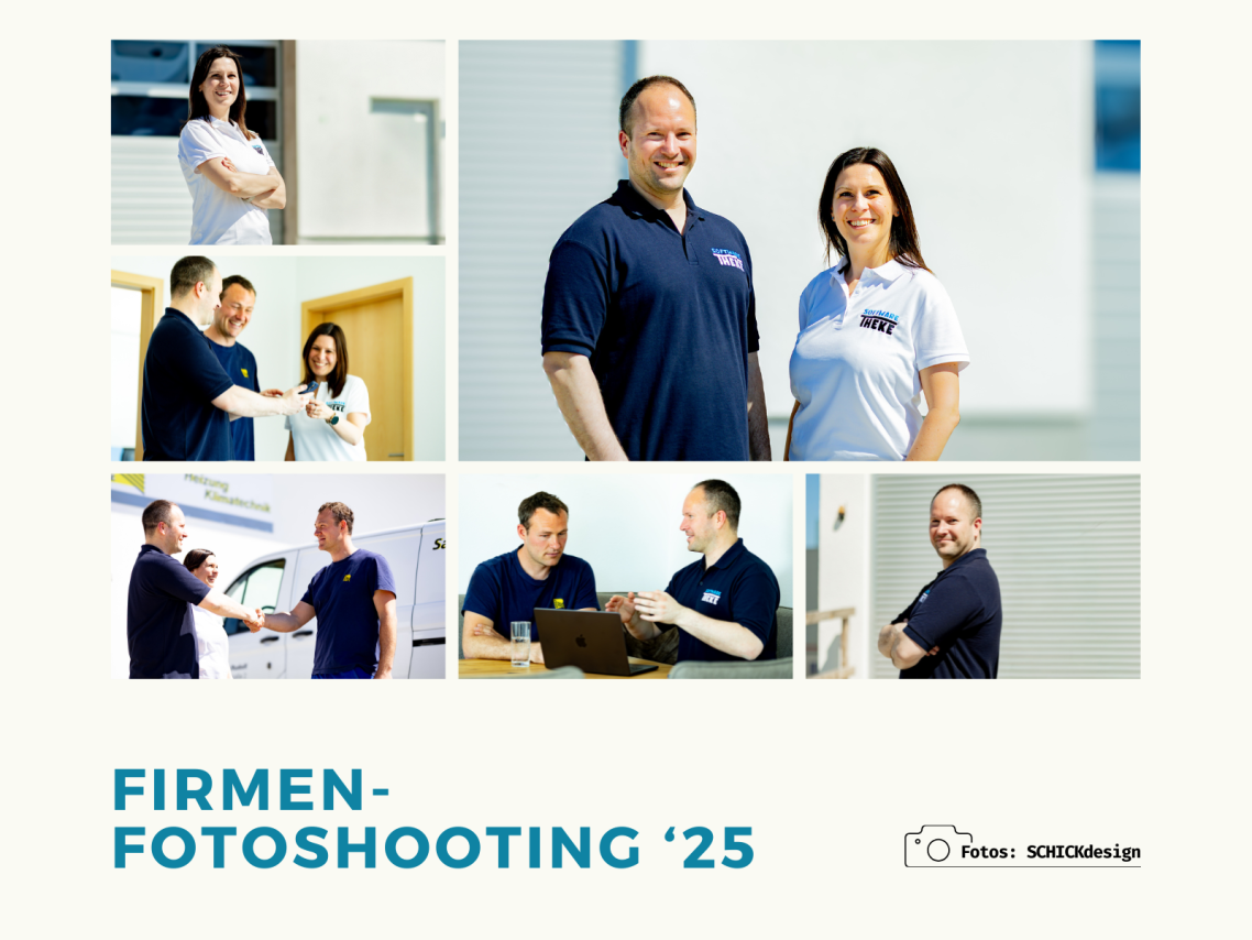 Mehrere Personen in Arbeitskleidung posieren für ein Firmen-Fotoshooting.