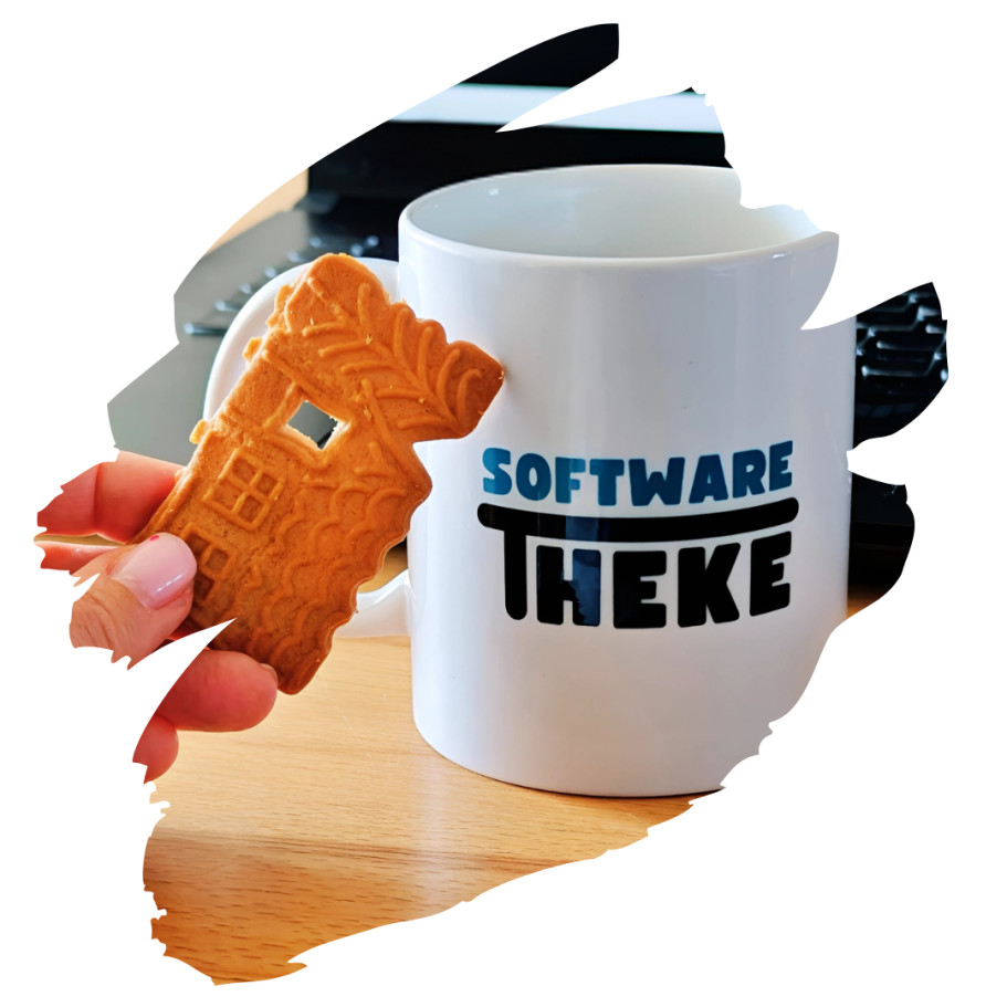 Logo von SoftwareTheke und COSMICO GmbH in eleganten goldenen Kreisen.