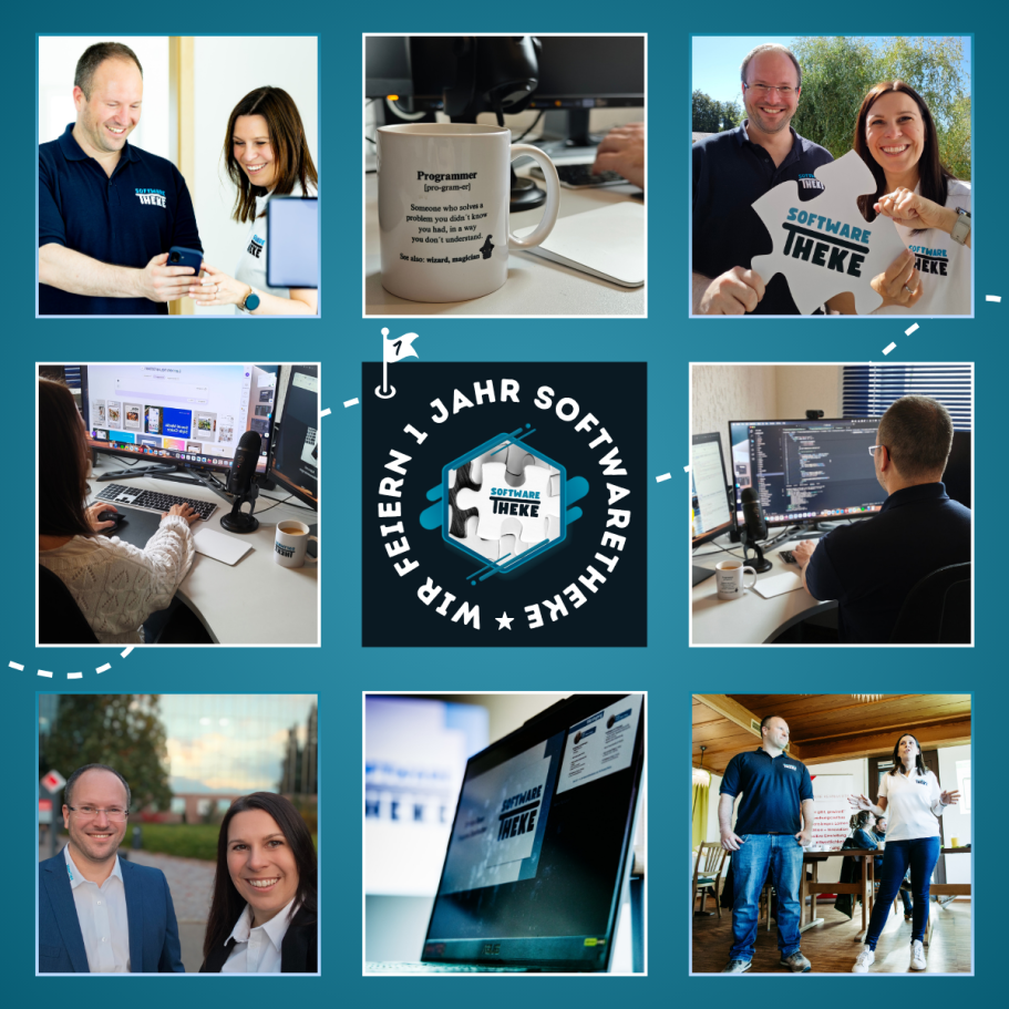 Logo von SoftwareTheke und COSMICO GmbH in eleganten goldenen Kreisen.