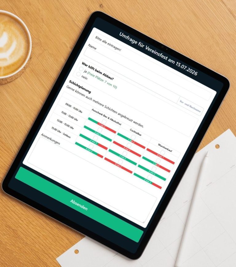 Digitale Helferplanung leicht gemacht: Unser Umfrage-Tool kombiniert klassische Umfragen mit Kontingentverwaltung – ideal für Vereine, Ehren